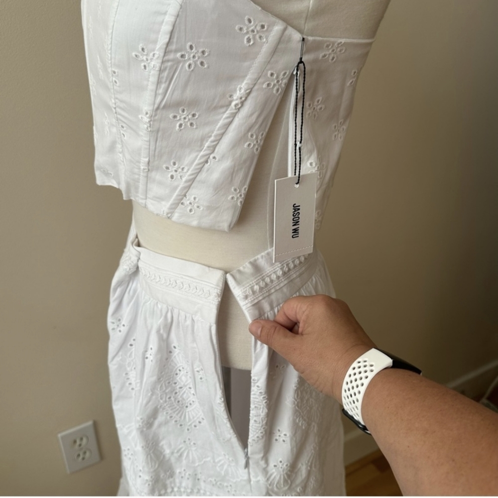 NWT Jason Wu Eyelet 2 Pc Set Tiered Ruffled Midi Skirt & Corset Crop Top White M - Picture 12 of 16